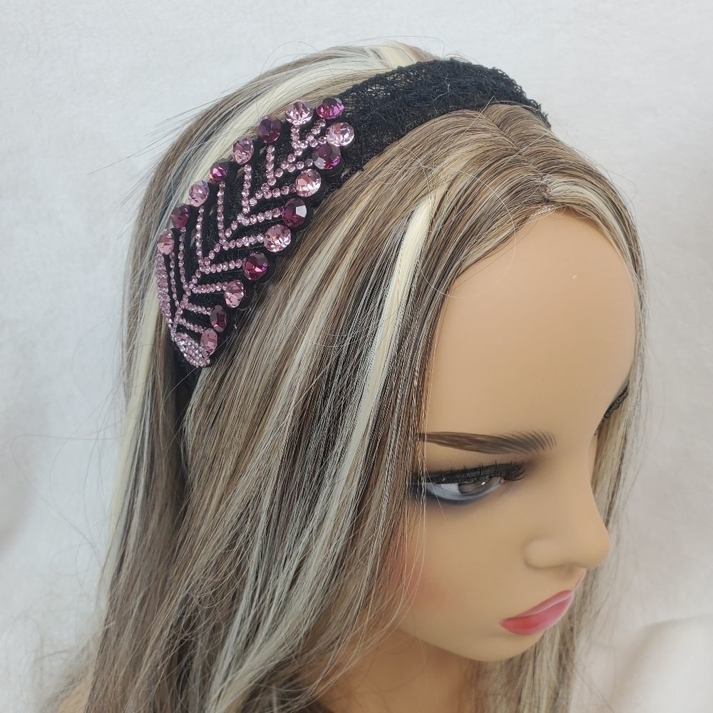 Purple Crystals Leaf Black Lace Hair Band